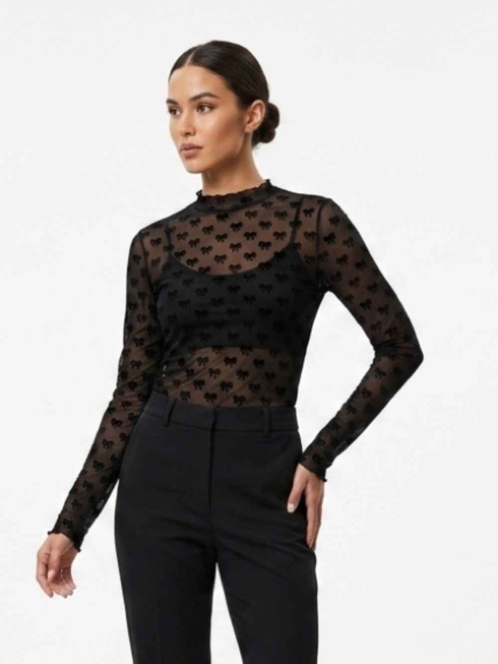 ⁠Lush Black Mesh Top Sheer Mock Neck Long Sleeve Bow Print Blouse Cottagecore S⁠